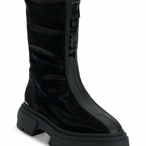 DKNY Fiza Black Platform Zipper Boots Chunky Sole Almond Toe Synthetic US Sz 7.5